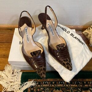 Manolo Blahnik pointed toe slingback mixed animal print heels